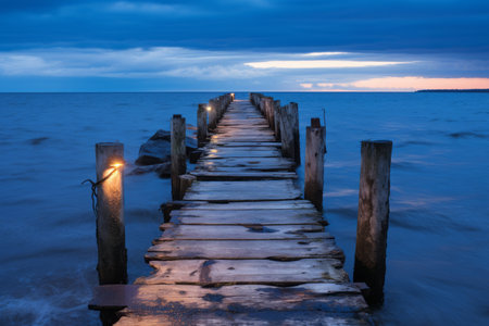 a wooden pier in the middle of the ocean at duskの素材