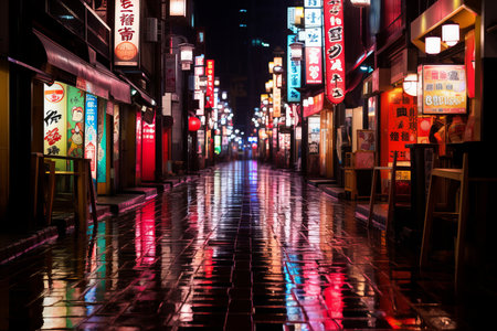 an asian city street at night with neon signsの素材
