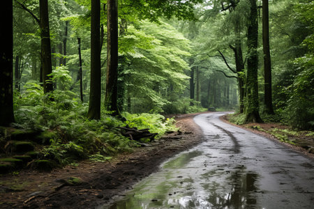 a wet road in the middle of a green forestの素材