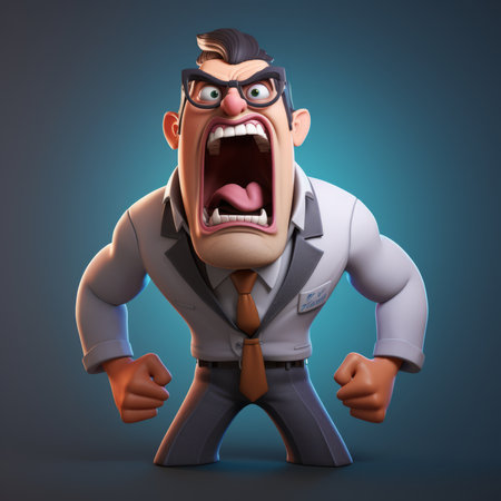 an angry cartoon man in a suit and tie with his mouth openの素材