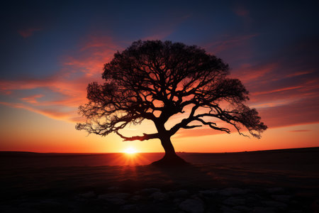 an oak tree is silhouetted against a sunset skyの素材