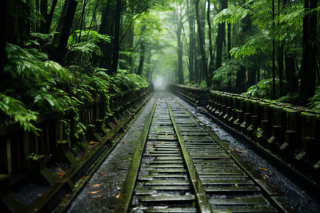 an empty train track in the middle of a forestの素材