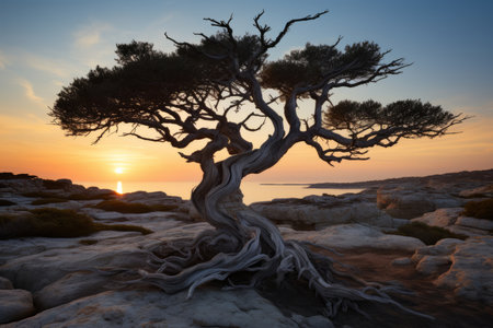 an old tree on a rocky beach at sunsetの素材
