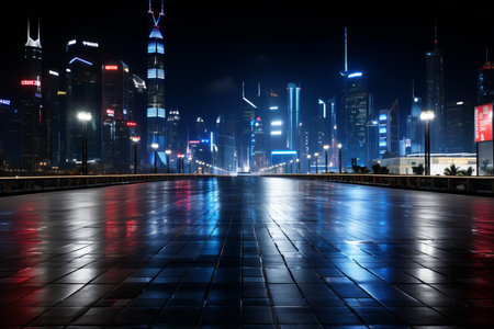 an empty city street at night with skyscrapers in the backgroundの素材