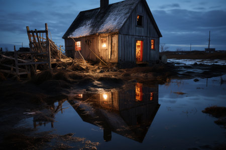 an old wooden house is reflected in the water at nightの素材