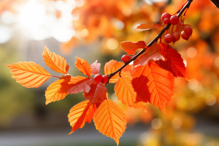 autumn leaves and berries on a tree branch with the sun in the backgroundの素材