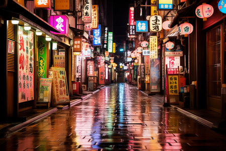 an asian city street at night with neon signsの素材