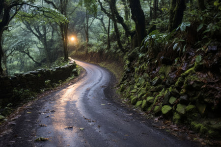 a winding road in the middle of a lush green forestの素材