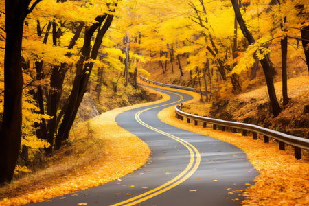 an empty road in the fall with yellow leaves on the groundの素材