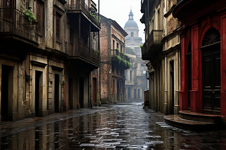 an empty street in a city on a rainy dayの素材