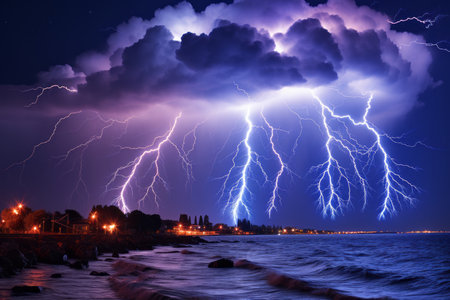 lightning storm over the ocean at nightの素材
