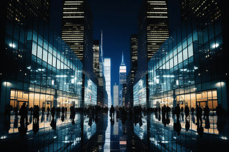 people walking in a city at night with skyscrapers in the backgroundの素材