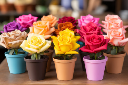 many different colored roses in pots on a tableの素材