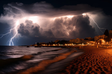 lightning strikes over the beach at nightの素材