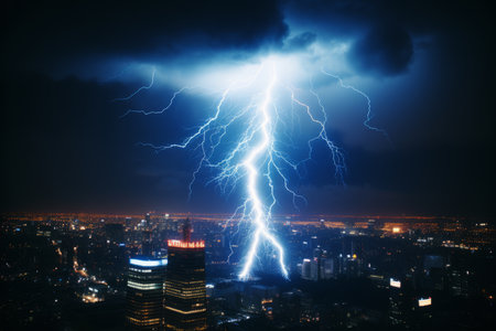 lightning strike over a city at nightの素材