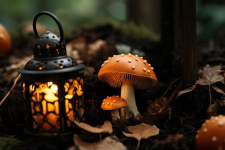 mushrooms and a lantern in the forestの素材