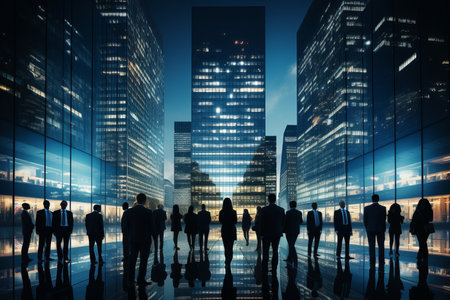 silhouettes of business people standing in front of skyscrapers at nightの素材