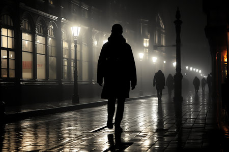 silhouette of a man walking down a street at nightの素材