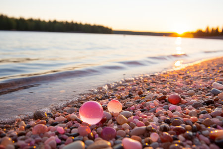 pebbles on the beach at sunsetの素材