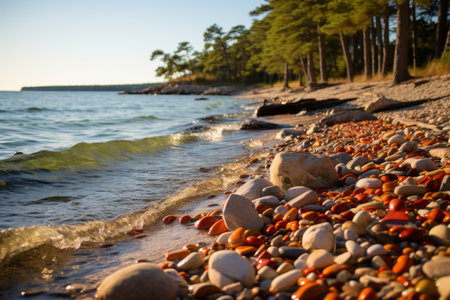 rocks and pebbles on the shore of a lakeの素材