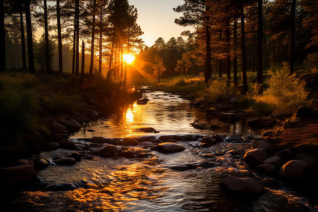the sun is setting over a stream in the forestの素材