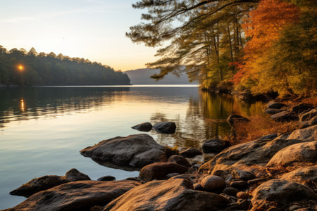 the sun sets over a lake surrounded by trees and rocksの素材