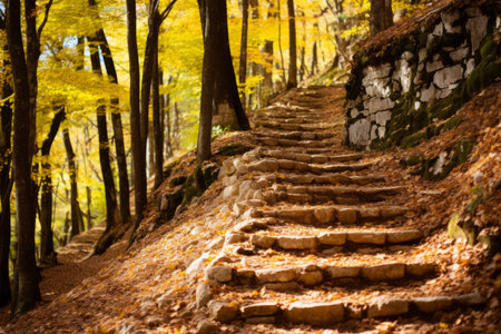 stone steps in the forest with autumn leaves on the groundの素材