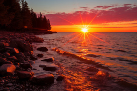 the sun is setting over a lake with rocks on the shoreの素材