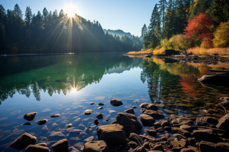 the sun shines over a lake surrounded by trees and rocksの素材