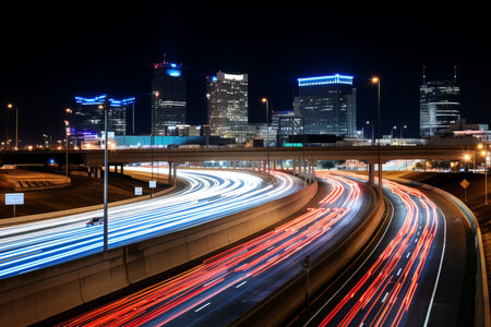 traffic on a highway at night with city lights in the backgroundの素材