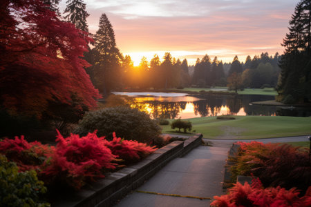 the sun is setting over a golf course surrounded by treesの素材