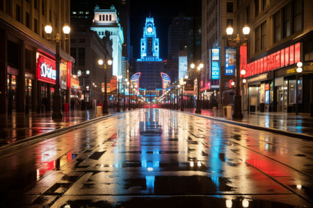 a wet city street at nightの素材