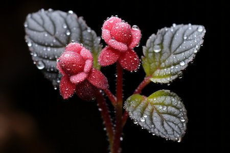 two pink flowers with water droplets on themの素材