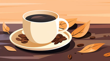 a cup of coffee and leaves on a tableの素材