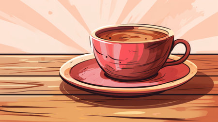 a cup of coffee on a wooden tableの素材