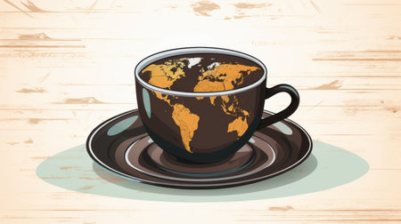 a cup of coffee with a map of the world on itの素材