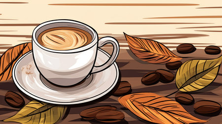 a cup of coffee with leaves and coffee beans on a wooden backgroundの素材