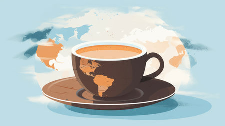 a cup of coffee with a world map in the background on a blue backgroundの素材