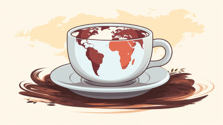 a cup of coffee with a map of the world on itの素材