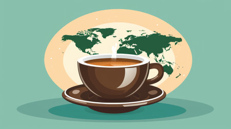 a cup of coffee with a world map in the backgroundの素材