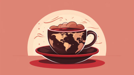 a cup of coffee with a world map on itの素材