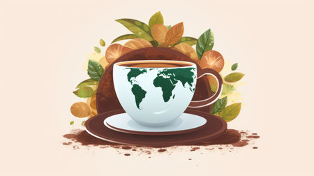 a cup of coffee with the world map on it surrounded by leaves and coffee beansの素材