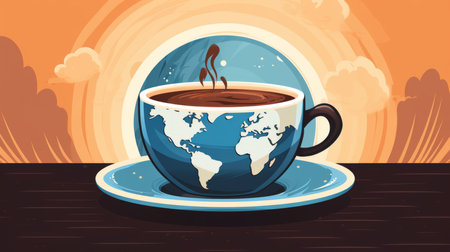 a cup of coffee with the world map in the backgroundの素材