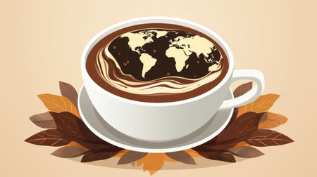 a cup of hot chocolate with a world map in the middle and leaves around it vector illustrationの素材