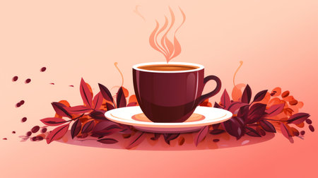 an illustration of a cup of coffee on a saucer surrounded by leavesの素材
