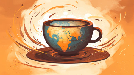 an illustration of a cup of coffee with the world map on itの素材