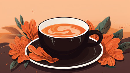 an illustration of a cup of coffee with orange flowersの素材