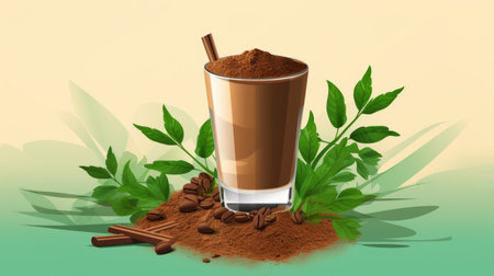 chocolate smoothie with green leaves and cocoa powder on a green backgroundの素材