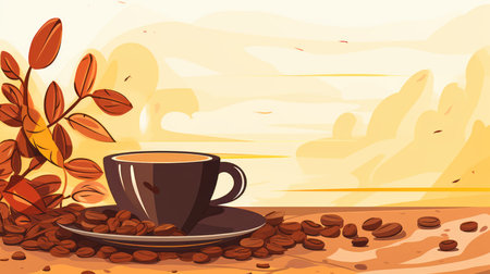 coffee beans and a cup of coffee on a wooden tableの素材