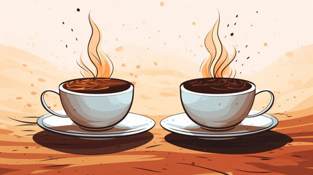 two cups of coffee with steam coming out of them on a brown backgroundの素材